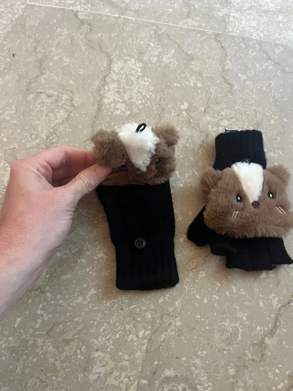 Zara Black Fingerless Convertible Mittens with Brown Plush Animal Faces